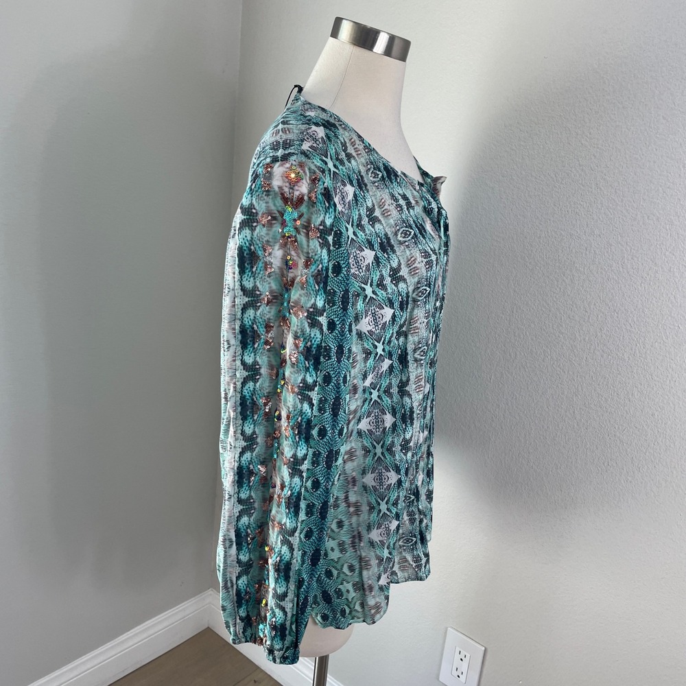 Kobi Halperin Womens XL Teal Ikat‎ Snakeskin Print Blouse Front Neck Tie Shirt - Picture 7 of 10